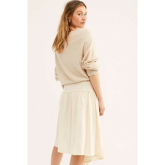 NEW FREE PEOPLE FP BEACH Sz S EVELYNE MIDI SKIRT COTTON ASYMMETRICAL HEM IVORY - Picture 2 of 3